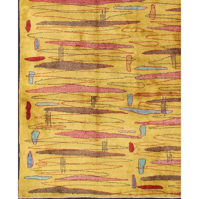 Textile Mid 20th Century Vintage Modern Rug With Yellow Background and Multicolored Etched Pattern For Sale - Image 7 of 13