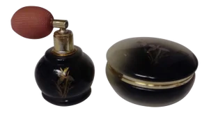 Vintage Italian Floral Hand Carved Black and Tan Alabaster Perfume Atomizer Bottle and Matching Trinket Box
