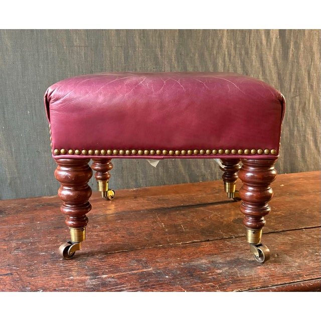 2000 - 2009 Hickory Chair Co. Leather Ottoman or Stool With Casters For Sale - Image 5 of 9