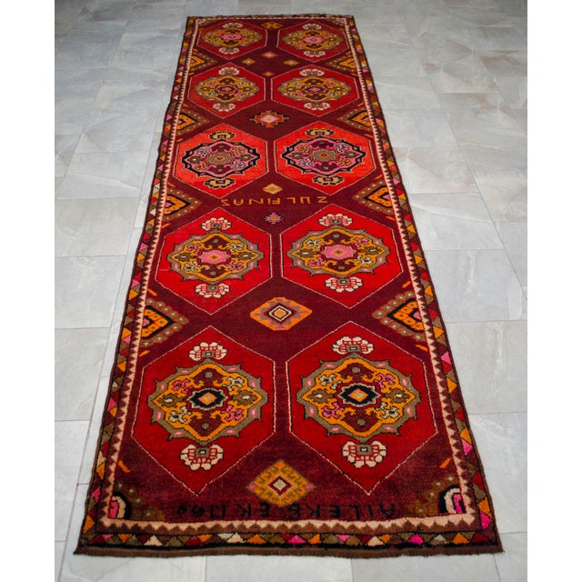 Vintage Hand-Knotted Turkish Area Rug Wide Hallway Rug Gallerie Runner Rug- 3′11″ X 12′6″ For Sale - Image 9 of 16