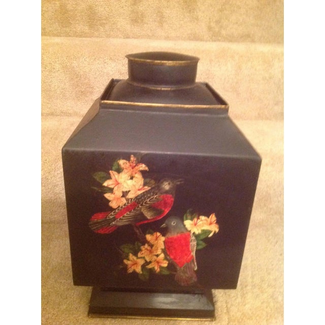 English Vintage 1990s Vintage Hand Painted Black English Tole Tea Caddy For Sale - Image 3 of 13