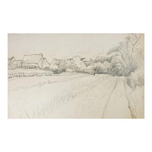 Vintage Rustic Pastoral Farm Landscape Pencil Study Drawing For Sale