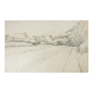 Vintage Rustic Pastoral Farm Landscape Pencil Study Drawing