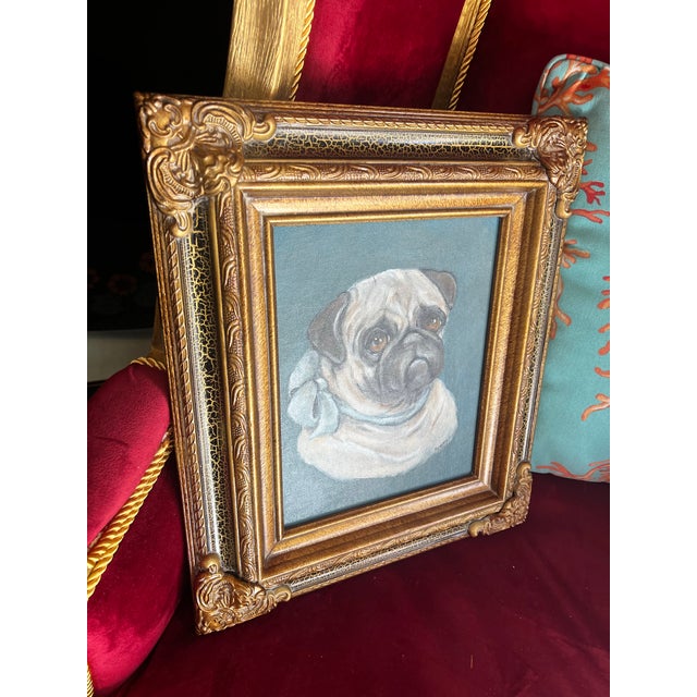 Up for consideration is a fun vintage original oil on canvas painting of a pug in a gold frame, and signed by the artist....