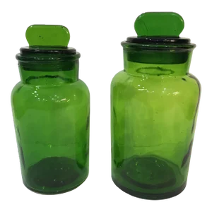 Mid 20th Century Green Apothecary Jars With Glass Lids -Set of 2