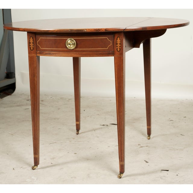 Baker Furniture Company Mid 20th Century Pair of Baker Furniture Inlaid Demi-Lune Side Tables With Brass Ring Pulls & Drop-Leaves: Pembroke Tables For Sale - Image 4 of 9