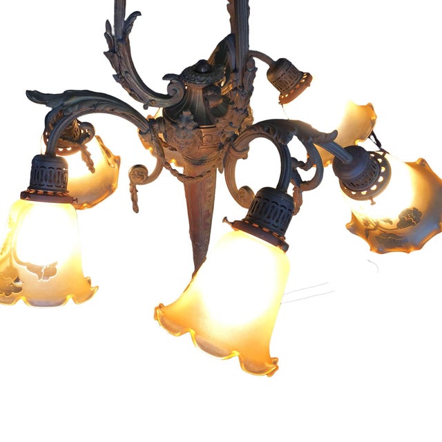 1900s Louis XVI Style Scrolling Bronze Belle Époque Six-Light Chandelier W/ Shades For Sale - Image 11 of 15