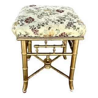 French Gilt Faux Bamboo Carved Upholstered Square Ottoman or Footstool For Sale