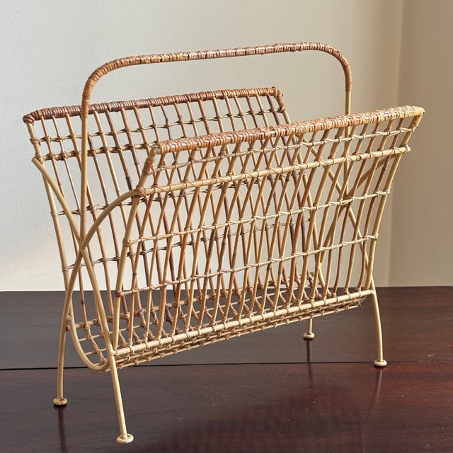 1950s Bamboo & Rattan Openweave Magazine Rack W/ Iron Base For Sale - Image 18 of 18
