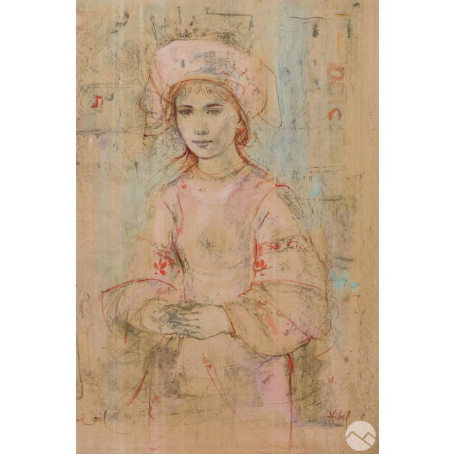 An oil painting of a young woman by Edna Hibel (1917-2015). The subject is wearing a pale pink dress and hat. Hibel is...