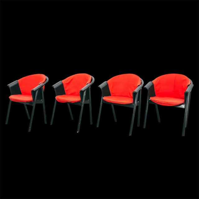 Black Lacquered Wood Chairs with Red Fabric Seats from Pozzi & Verga, 1970s, Set of 4 For Sale - Image 13 of 13