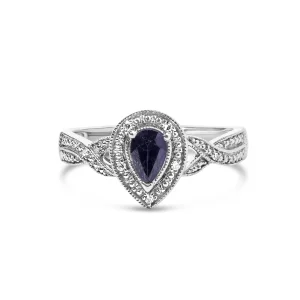 .925 Sterling Silver 6x4mm Pear Sapphire Gemstone with Diamond Accent Fashion Halo Ring (H-I Color, SI1-SI2 Clarity) - Size 8