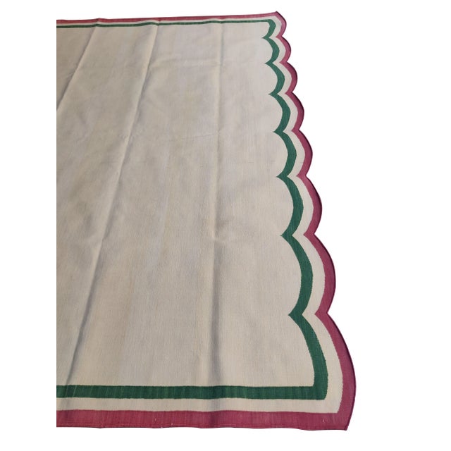 Contemporary Handmade Cotton Scalloped Rug, Cream with Green and Raspberry Border 8'x10' For Sale - Image 3 of 9
