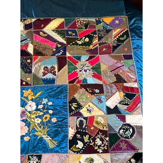 Late 19th Century Antique Handmade Blue Silk Velvet Needlepoint Embroidery Painted Crazy Quilt For Sale - Image 5 of 9