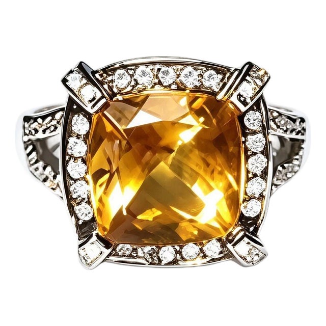 Mid 20th Century 14k White Black Gold Citrine Pave Diamond Ring Band, Size 7 For Sale