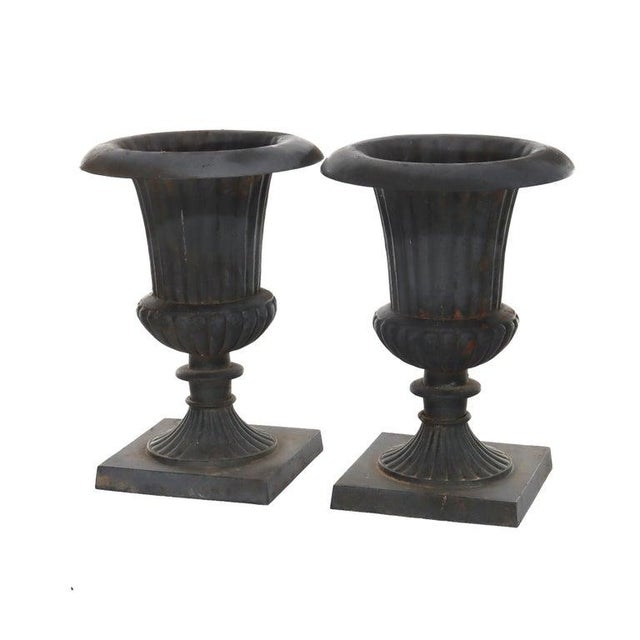 Neoclassical Pair of Antique Neoclassical Cast Iron Melon Ribbed Garden Urns C1930 For Sale - Image 3 of 10