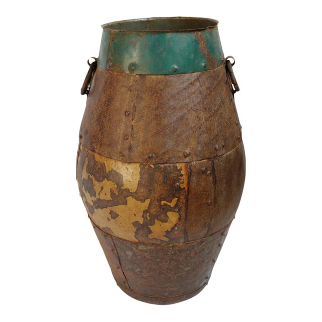 Vintage Industrial Farmhouse Iron Rivet Urn For Sale
