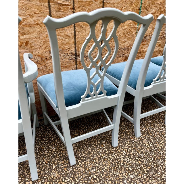 Blue Lacquered Chippendale Chairs With Blue Performance Velvet Seats- Set of 4 For Sale In San Antonio - Image 6 of 7