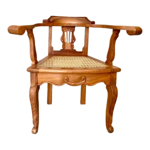 Late 19th Century Antique French Style Colonial Hand Carved Cane Lyre Back Petite Armchair