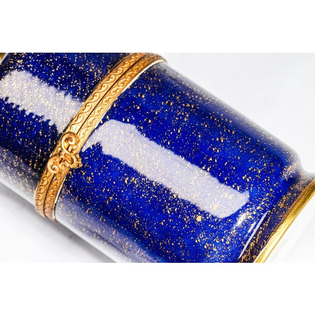 French 1950s Beautiful Hand Painted Le Tallec Vintage French Porcelain Blue and Gold Jar Box Home Decor For Sale - Image 3 of 14