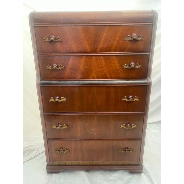 French Art Deco Dresser Five Drawers Bakelite Brass Pulls Satin Waterfall Top For Sale - Image 4 of 12