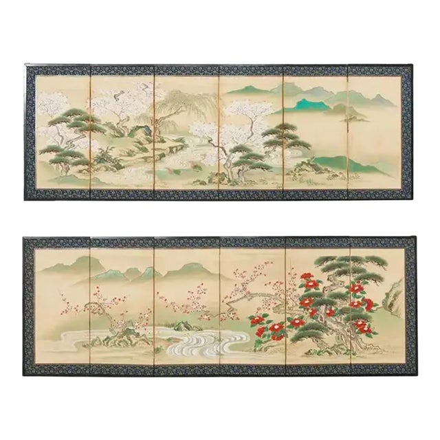 Pair of Japanese Edo Screens Minogame Turtles in Spring Landscape For Sale