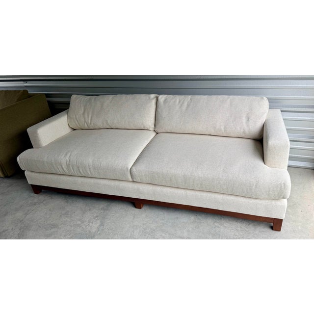 2020s Lee Industries 8 Foot Two Cushion Sofa With Oak Base in White Woven Linen Blend Fabric For Sale - Image 5 of 11