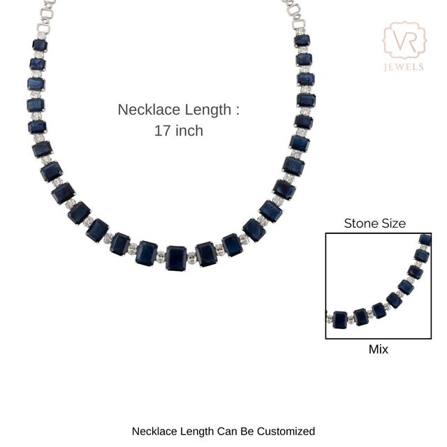 VRJewels 47.64Ct Blue Sapphire & 6.19Ct Diamond Tennis Necklace in 18k White Gold For Sale - Image 9 of 14