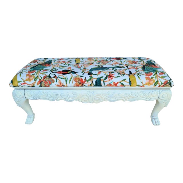 Louis XIV Style Tropical Island Linen Paw Foot Bench 50" For Sale
