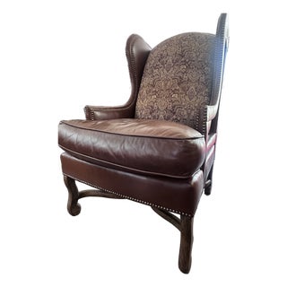 Vintage Century Furniture Leather & Tapestry Oversized Wingback Chair For Sale