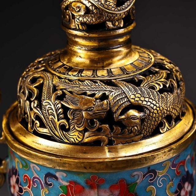 Vintage Chinese Gilt‑Brass Cloisonné Enamel Incense Burner, Dragon Ears Elephant Feet Censer For Sale In Los Angeles - Image 6 of 10