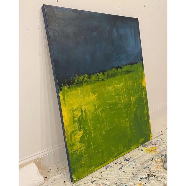 An abstracted horizon-line landscape. 40 x 30 x 1.5. Edges painted the same dark midnight blue as the sky, back wired,...