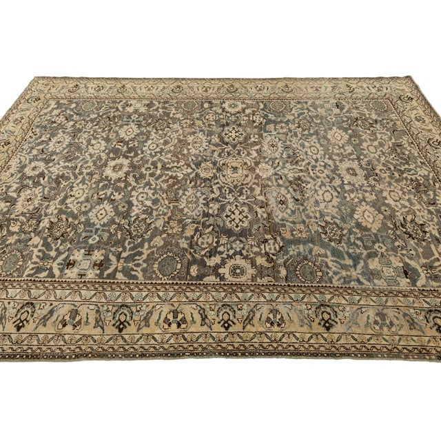 Textile Antique Oriental Wool Rug - Allover Floral Medallion, Neutral Blue/Tan For Sale - Image 7 of 10