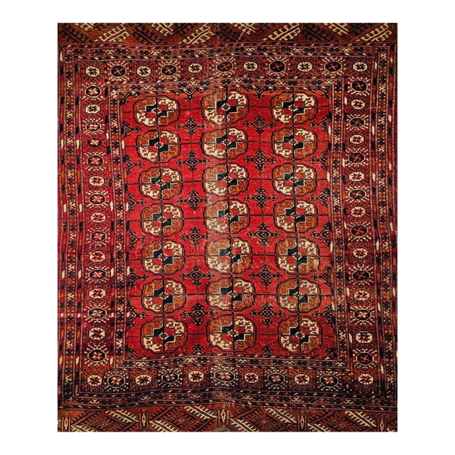Vintage Turkmen Tekke Area Rug in Allover Geometric Pattern in Brick-Red, Navy, Ivory, Brown For Sale