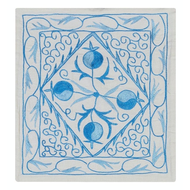 Suzani Cushion Cover, Uzbek Embroidery Lace Pillow in Cream & Light Blue 16"x18" For Sale