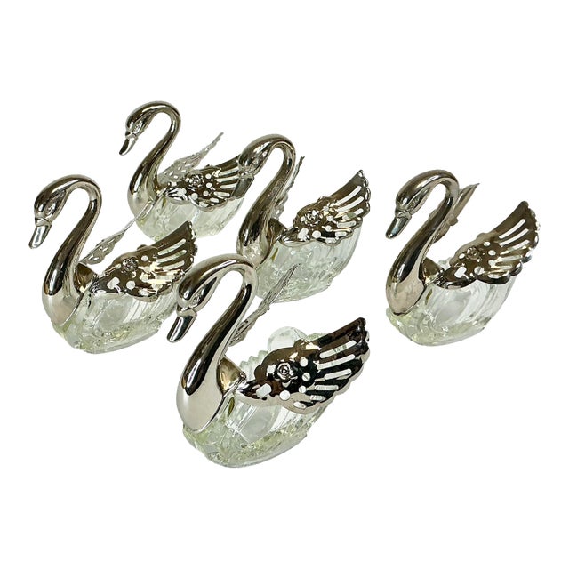 Vintage Coastal Hollywood Regency Swan Salt Cellars, Articulating Wings, Silver Plate - Set of 5. For Sale