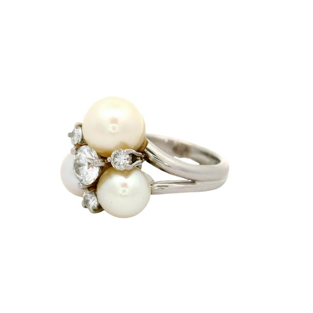Early 21st Century Akoya Pearl Diamond Platinum Cluster Ring, Size 5 For Sale - Image 5 of 6