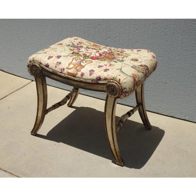 Vintage French Country Floral Vanity Bench W Silver Gilt Base #2 For Sale - Image 4 of 12