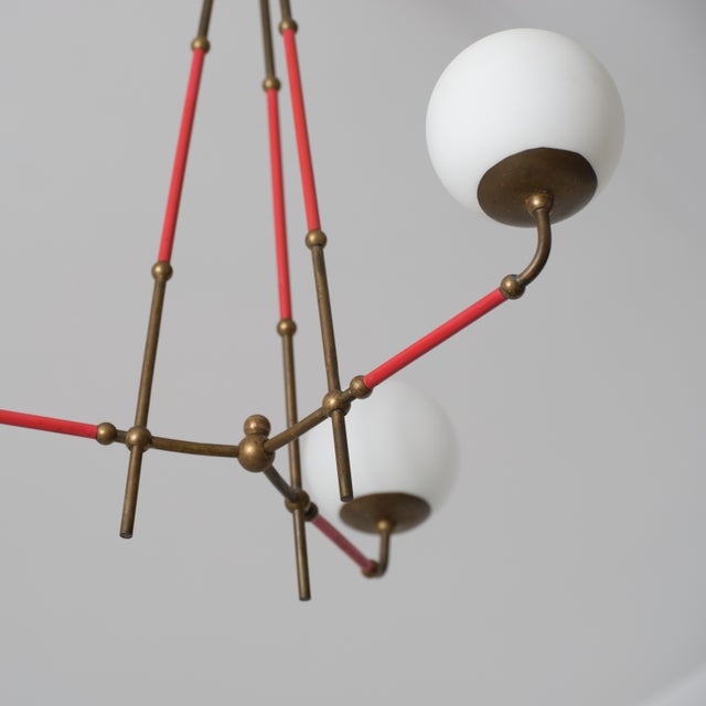 Mid-Century Modern Vintage Italian Brass and Red Lacquered Chandelier with Opaline Glass, 1950s For Sale - Image 3 of 13