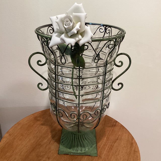 Large Hand Blown Caged Glass Footed Vase Wrought Iron Frame Scroll Handles For Sale - Image 11 of 12
