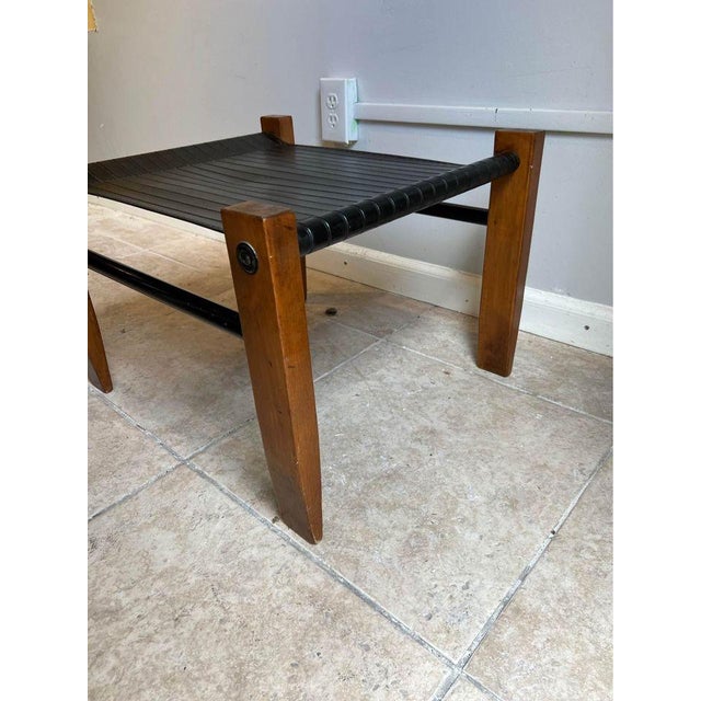 Late 20th Century Vintage Vinyl Sling Wood Walnut Ottoman For Sale - Image 10 of 10