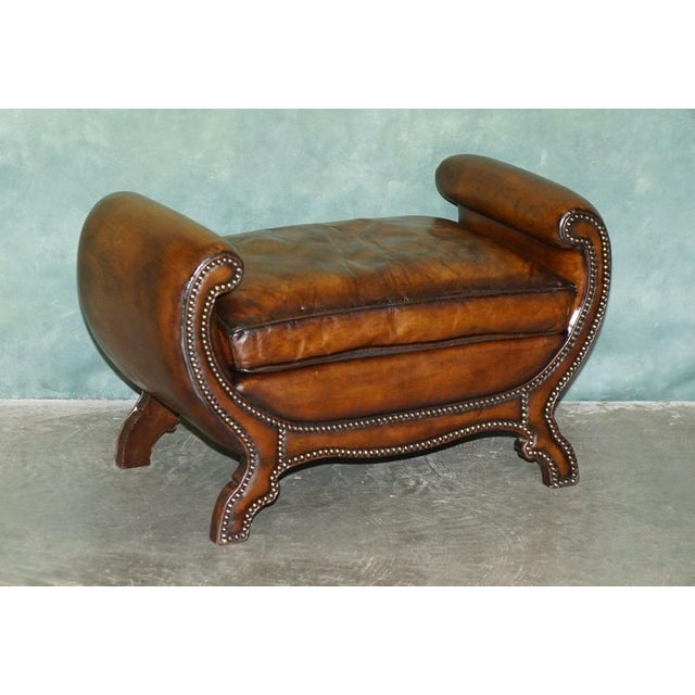 Exceptional pair of fully restored, Edwardian hand dyed cigar brown leather footstools, Circa 1900–1910 Remarkable for...