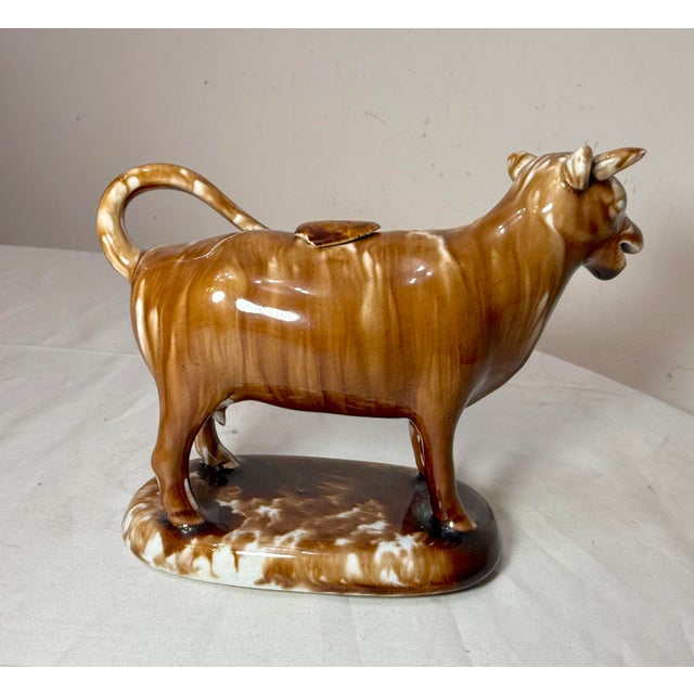 19th Century Rare Early Antique Staffordshire Pottery Brown Drip Glaze Cow Creamer Sculpture For Sale - Image 4 of 17