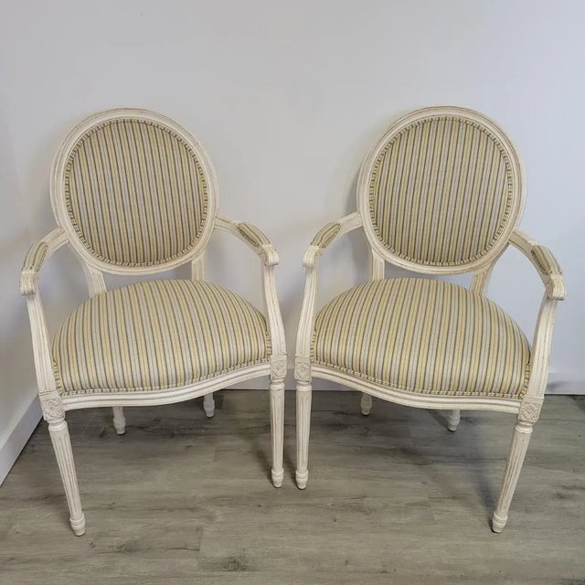 Ethan Allen Louis XVI French Striped Style Oval Back Armchairs in Distressed White Finish For Sale - Image 11 of 13