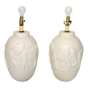 Pair of 1970s Chinoiserie White Glazed Ceramic Elephant Table Lamps Asian Animal Motives