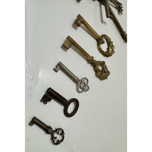 English Antique Skeleton Keys Lot Vintage Brass Iron Ornate Bow Keys With Tassel For Sale - Image 3 of 14