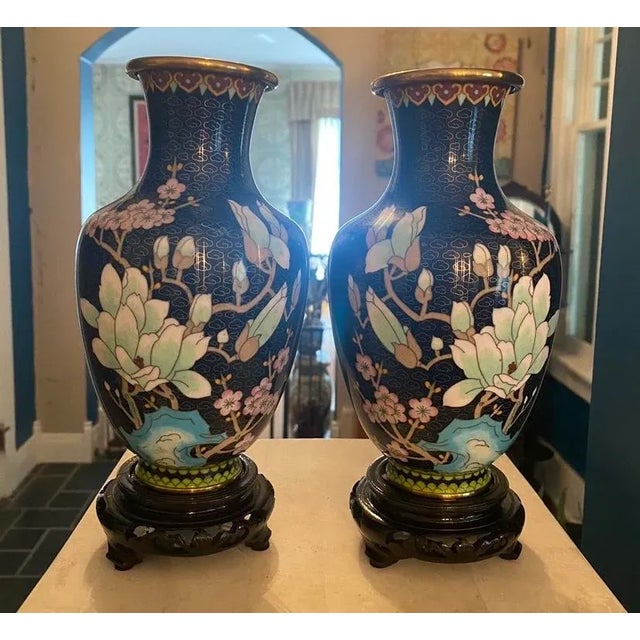 Pair of Black Cloisonné Vases With Pink Roses on wooden stands. Both sides are pretty, but I bought these because I love...