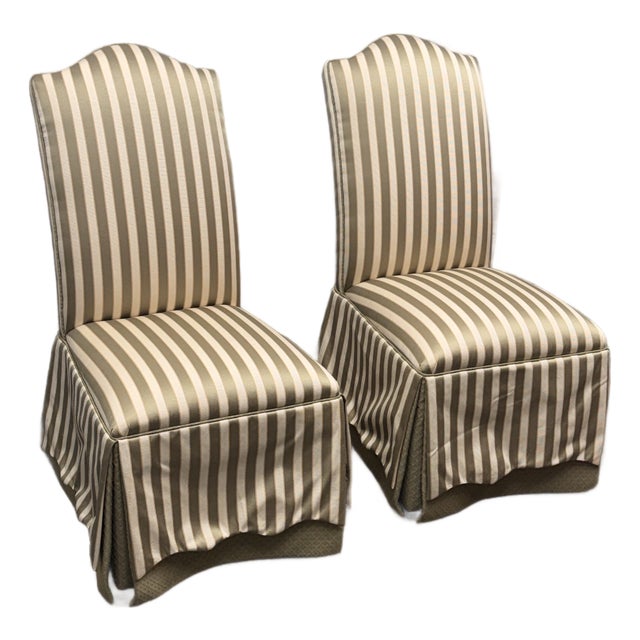 Ethan Allen Striped Upholstered Skirted Dining Chairs, Pair For Sale