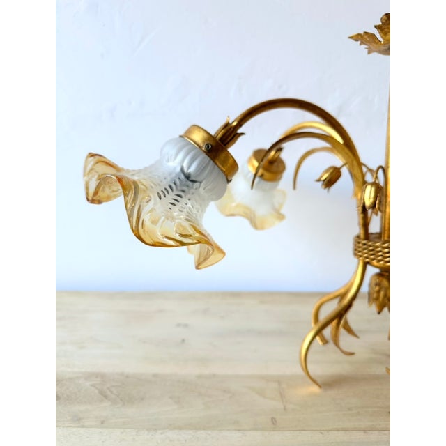 Florentine Style Gilt Metal Chandelier with Amber-Tinted Glass Shades, 1960s For Sale - Image 11 of 13