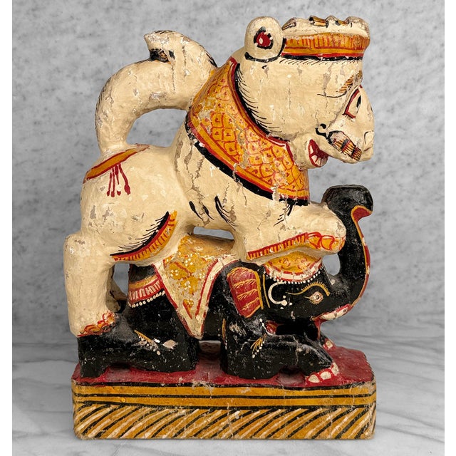 Antique White Vintage Hindu Gajasimha Foodog Lion W/ Elephant Painted Sculpture - 12" For Sale - Image 8 of 14